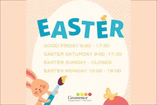 These are our centre opening times during Easter weekend Good Friday 9:00 - 17:30 Easter Saturday 9:00 - 17:30 Easter Sunday - Closed Easter Monday 10:00 - 16:00