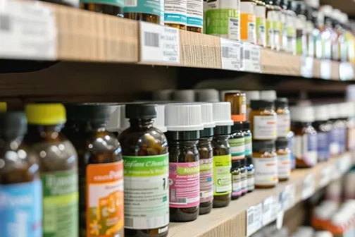 Shelves stocked with assorted dietary supplements and health products in a wellness store aisle.